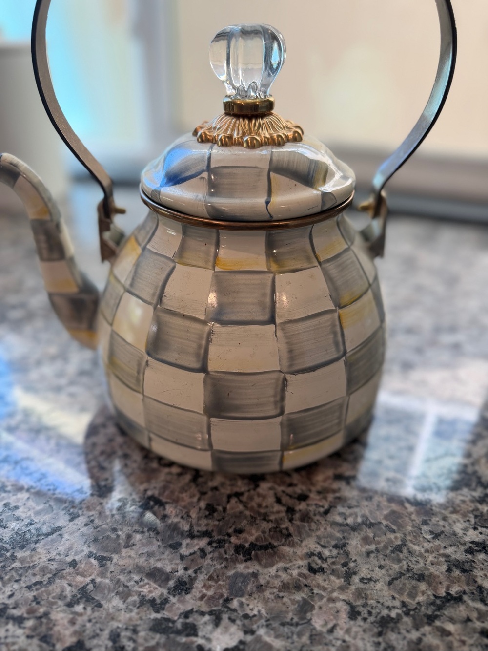 Mackenzie Childs Sterling Check 2 Court Tea Kettle Enameled Steel GORGEOUS - Picture 2 of 4